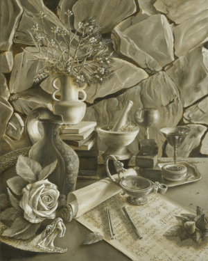 Galen’s Workbench. 24”x30” Oil on canvas by Jill Hagel