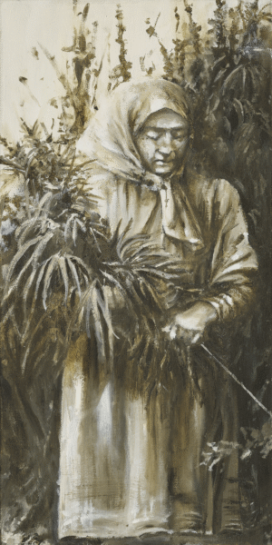Harvesting Cannabis on USSR Farm 1956. 10”x20” Oil on canvas.
